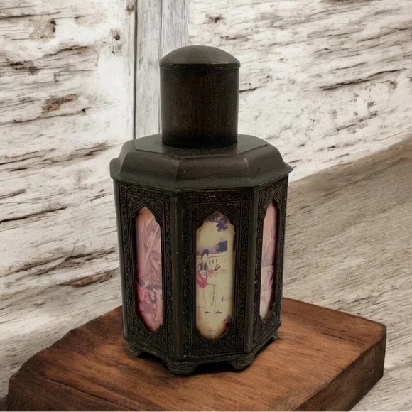 Early 1900's Chinese Shantou Pewter Tea Caddy With Reverse Painted Glass Panels - Picture 9 of 10